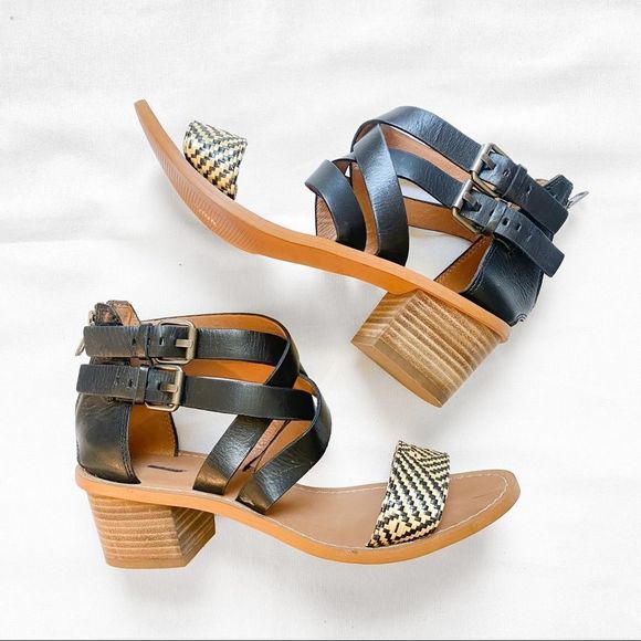 Madewell Lora Chunky Block Stacked Heel Sandasl Leather Tribal Raffia Strappy - Picture 8 of 8